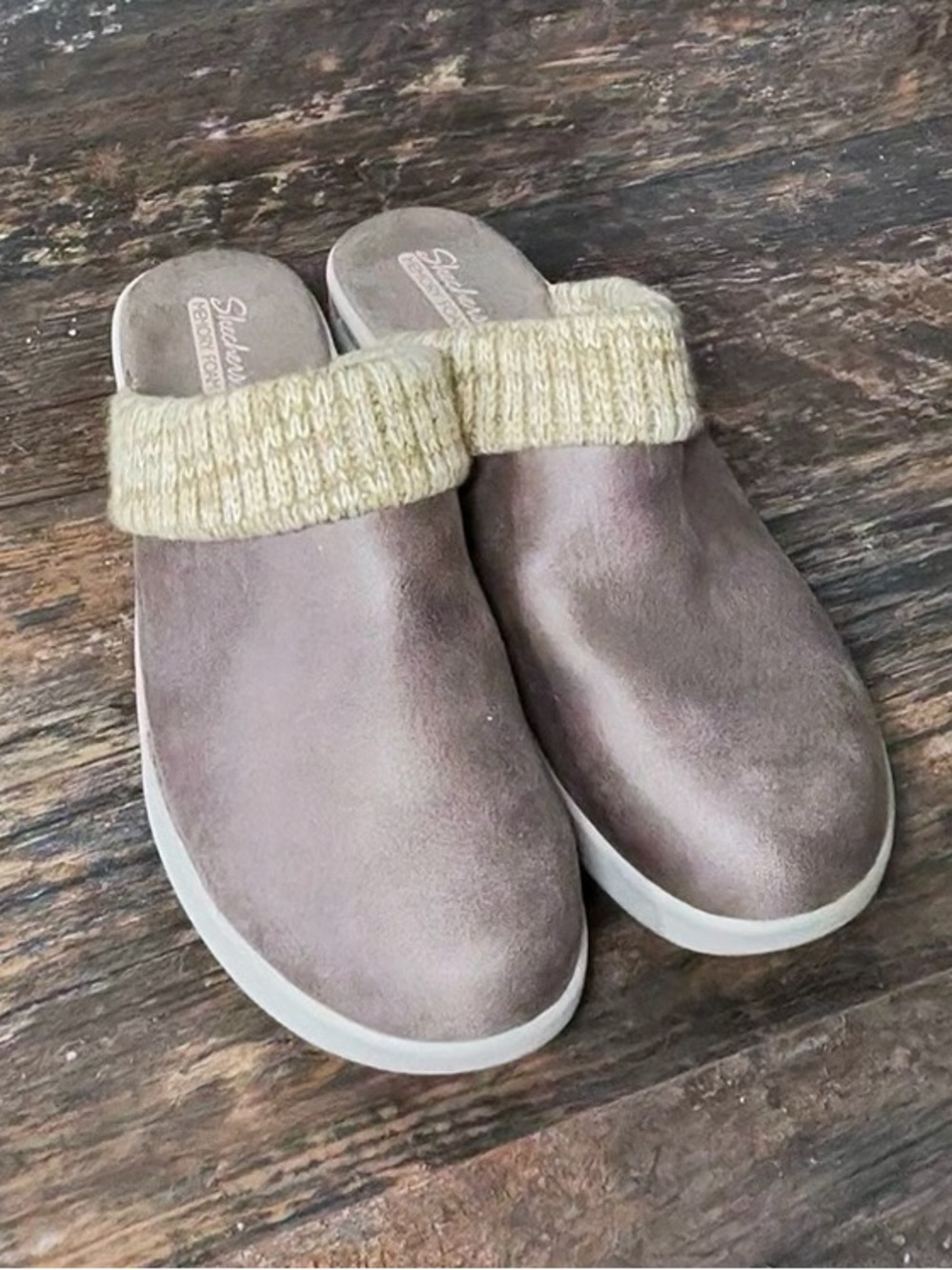BOBS from Skechers Taupe Slip-On Mule Clogs with Cream Knit Cuff
